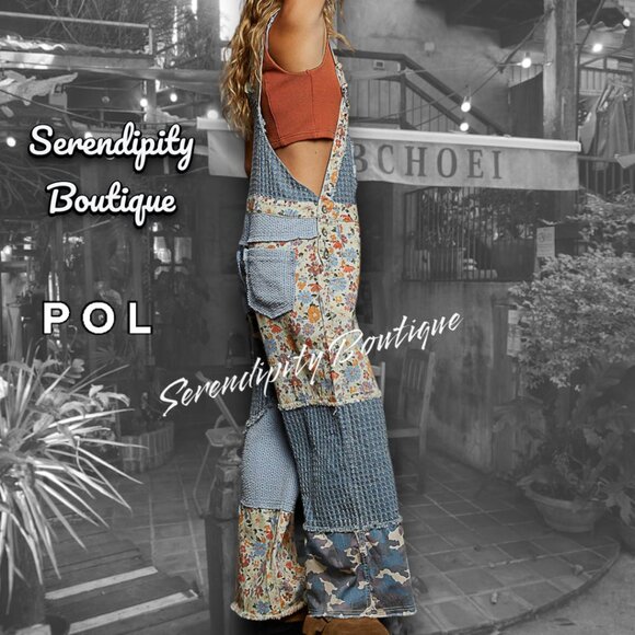 POL Boho Farm Girl Mixed Fabric Cotton Denim Floral Patch Suspender Strap Jeans - Picture 8 of 16